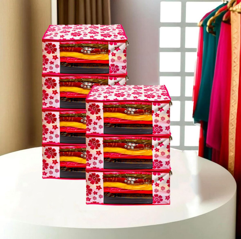 SHREE SANWARIYA CREATIONS PINK FLOWER SAREE COVER PACK OF 12 Poly-canvas Laundry Bag(Pink)
