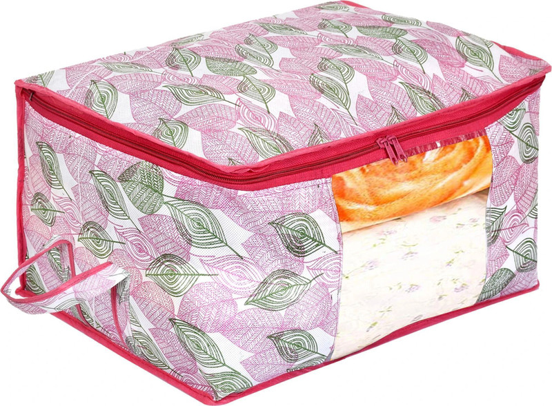 KUBER INDUSTRIES Designer Metalic Leafy Print Non Woven Underbed Storage Bag,Cloth Organiser,Blanket Cover with Transparent Window (Pink)-34_S_KUBMART16613 34_S_KUBMART016613(Multicolor)