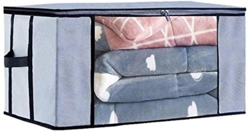 SID CRAFT Wardrobe Organizer Transparent Window Blanket Cover Non-Woven Multipurpose Foldable Underbed Storage Bag and Zipper Closer With Side Handles 1 Pcs(Grey)
