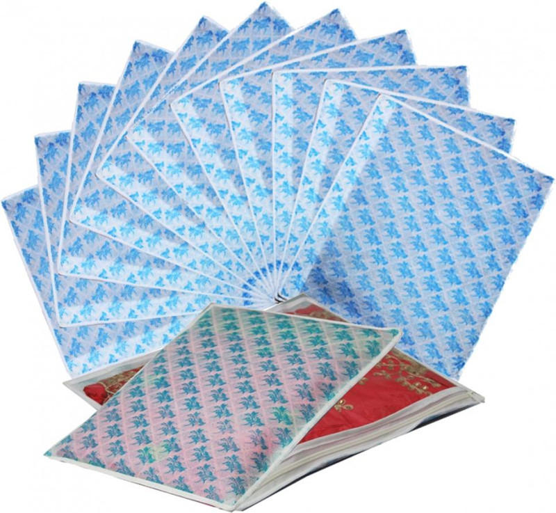 VYORA Saree Cover Single Saree Cover Pack of 12 storage bag sari packing bag pack of 12 organizer Garment Cover transparent Combo Set of 12(Blue)