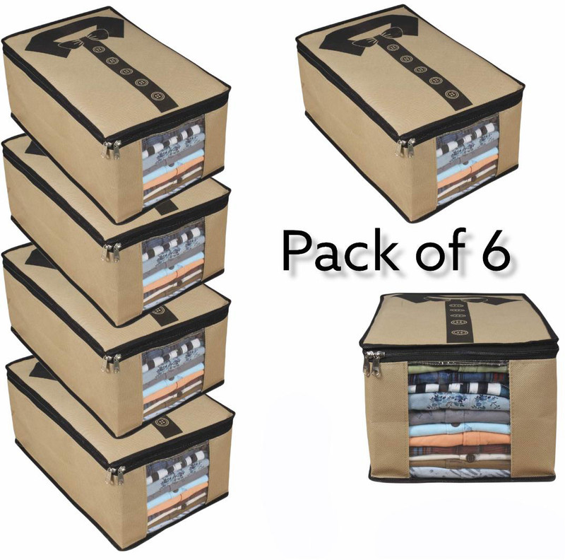 THAILIWALE Shirt Cover Storage Bag Organizer for Wardrobe | Foldable Cloth Storage Cover with Zipper & Transparent Window | Holds 10–12 Shirts | Pack of 6(Beige)