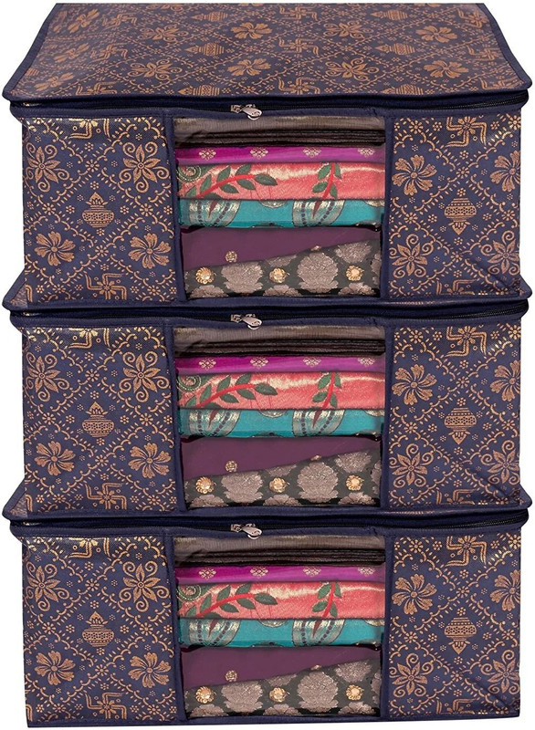 Ankit International Saree Cover Premium-Quality Trendy For Wardrobe Organizer Garments Storage bags-Big in size Gold Printed Sakhiya kalash Pack of -3(Blue, Brown)