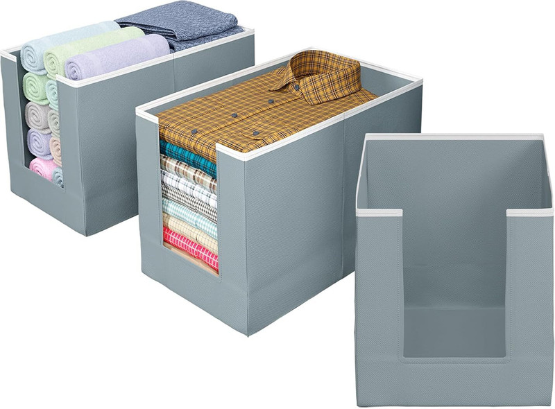 CEREVEL Pack of 6 Non Woven Large Capacity Shirt Stacker Cloth Storage Foldable & Stackable Cupboard Wardrobe/Closet Organizer with Handle For T-shirts, Shirts and Clothes(Grey)