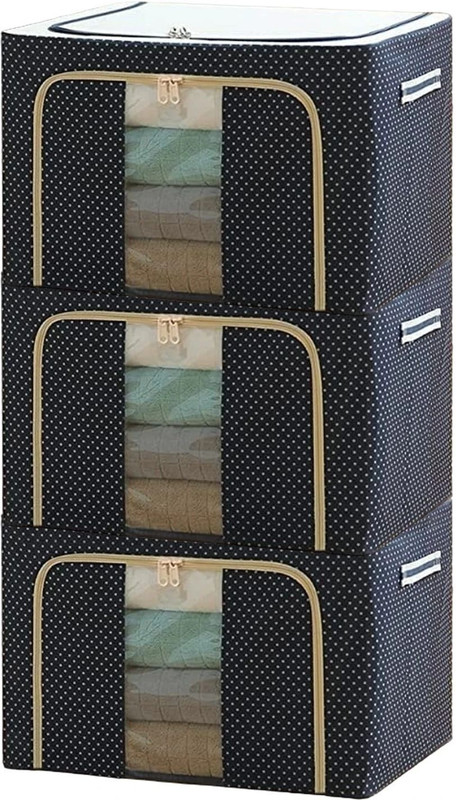 Vervita PACK OF 3 Clothes Storage Bag Organizer with Steel Frame Oxford Fabric for Comforters Blankets, Bedding, Stackable Foldable Storage Bags with Handle and Zipper(Blue)