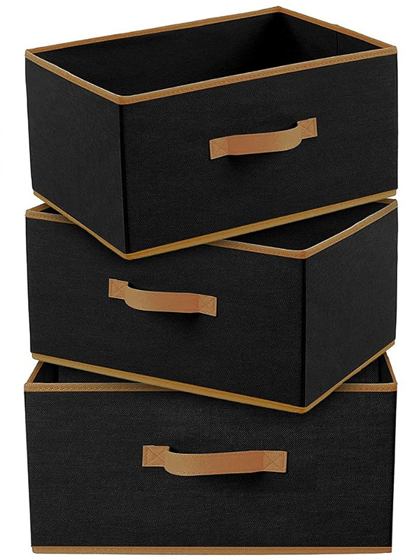 Wonstiar Multipurpose Fabric Storage Box/Basket Organizer with Handle | Heavy Non-Woven Shelf & Wardrobe Storage for Clothes, Kids Toys, Towels & Books Drawer Organizer Box (40×29×23) cm, (Pack of 3)(Black)