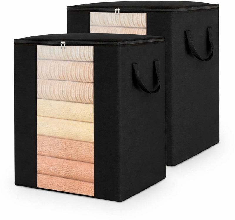 farhan bags 120L Multipurpose Fabric Storage Bag with Transparent Front Window Blanket, Quilt, Clothes & Linen Organizer for Wardrobe, Living Room & Bedroom | Foldable Storage Bag with Handle Pack of 1(Black)