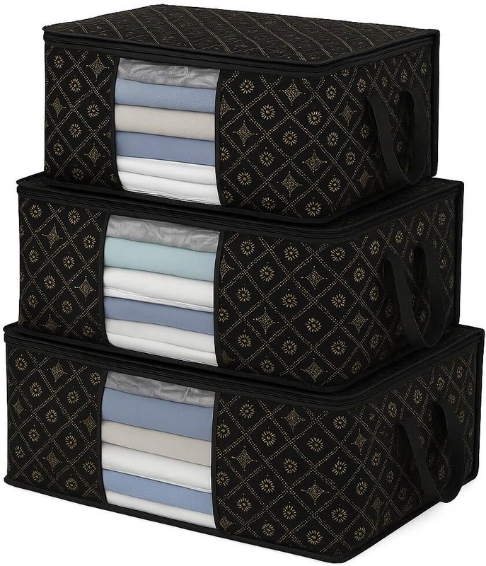 SH NASIMA Luxury Foldable Clothes Storage Organizer Boxes with Clear Window, Maroon and Gold Pattern,Large Capacity Underbed Storage Containers for Blankets, Bedding, Seasonal Items Set of 3(Maroon)