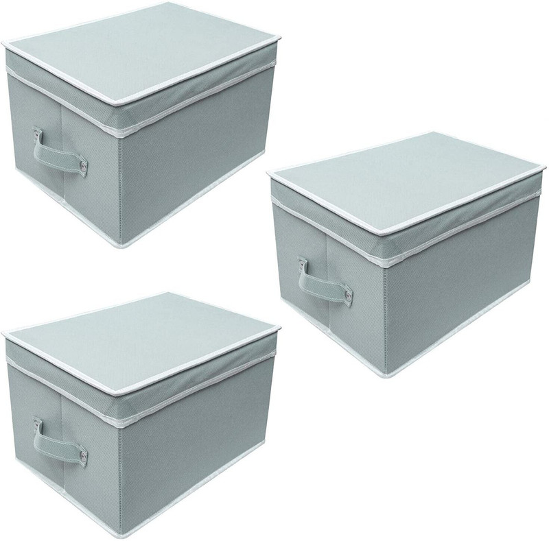 Mteaser Multipurpose Storage Box With Lid | Fordable Organizer for Clothes, Toys, Books, and Other Household Items | Material- Non Woven (Set of 3)(Grey)