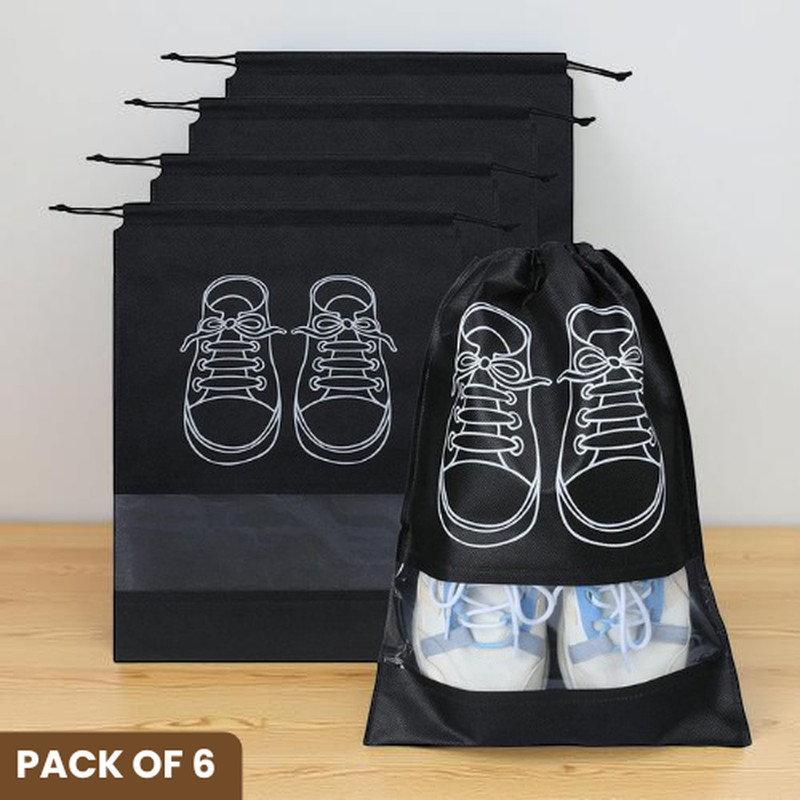 PelBart SB6PCS12 6 Pcs Shoe Bag for Gym and Travel | Compact Footwear Organizer for Travelling 6 Pcs Shoe Bag for Gym and Travel | Compact Footwear Organizer for Travelling(Black)