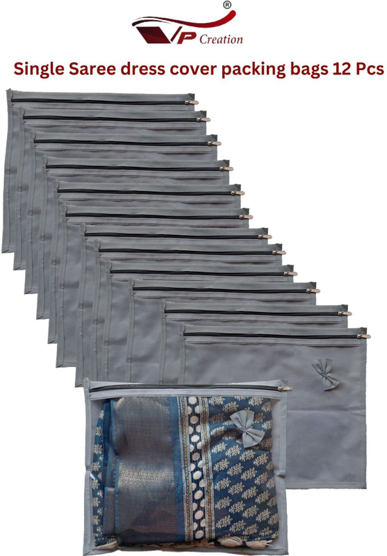 VP Creation Saree Cover Storage Bag 100 GSM Non-Woven material PVC Transparent Top | Sarees|Dress|Lehngas|Trousers |Travel |Storage | Gifting| 12 Pcs(Grey)