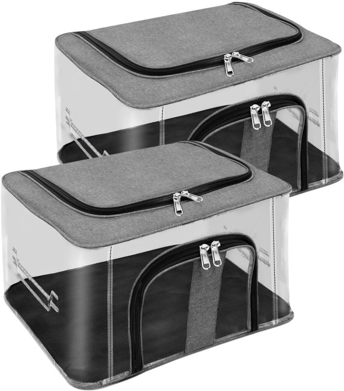 VYORA Clothes storage bag 2 Pack 33L PVC Saree cover Cloth storage box Organizer box Cloth organizer Wardrobe organizer box With Handle Saree Pack of 2 Transparent Waterproof Packing bags Plastic Saree organizer(Grey)