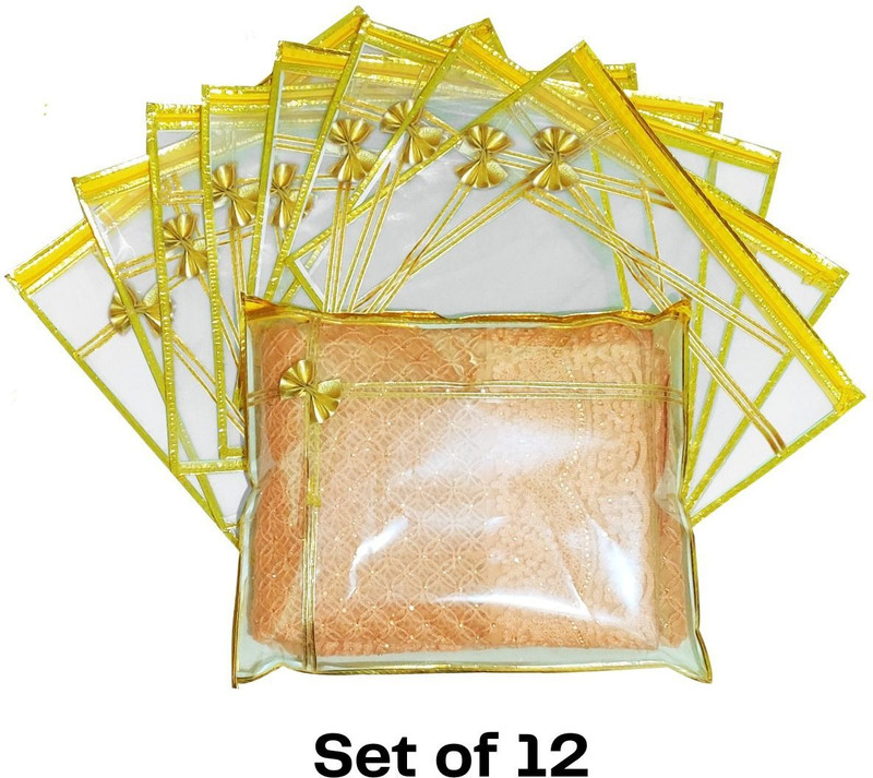FLYLYF saree covers 12 set plastic bag with zip Saree Bag Cover Dress Bag Cover suit packing bag for wedding saree cover storage bags saree packing bag(Golden cloth organizer for wardrobe)