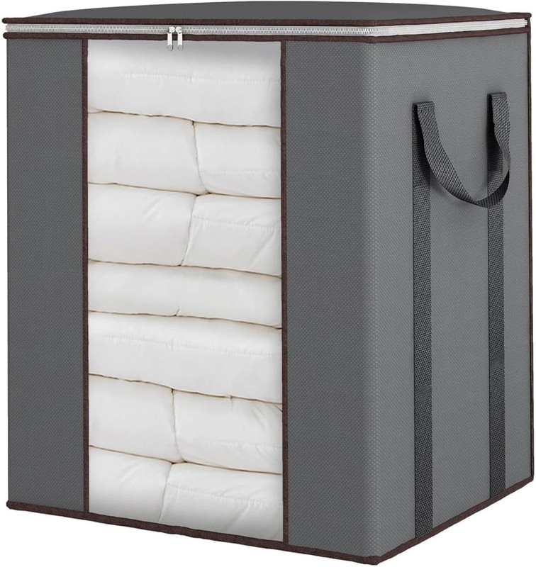 JMDPLASTIC Extra Large Blanket Storage Bags 90L Dustproof Transparent Window Pillow Sheet Foldable Clothes Storage Organizer Container Reinforced Handles Breathable For Double Bed Quilt/Saree Bag/Lehnga Storage & Wardrobe Organizing (Pack of 1)(Grey)