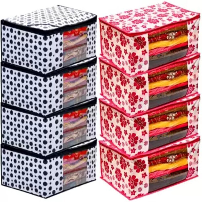 MADHVAN Saree cover Printed Non Woven Fabric Saree Cover/Clothes Organiser For Wardrobe Set BLACK PINK(BLACK PINK)