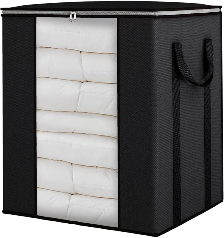 WOLFFIA Dustproof Foldable Underbed Blanket Storage Bag Wardrobe Organizer for Clothing Bedroom Comforter Closet Dorm/Sweater/Quilts Organizer Durable Zipper with Side Handle & Transparent Window Blanket Cover Set of 1(Black)