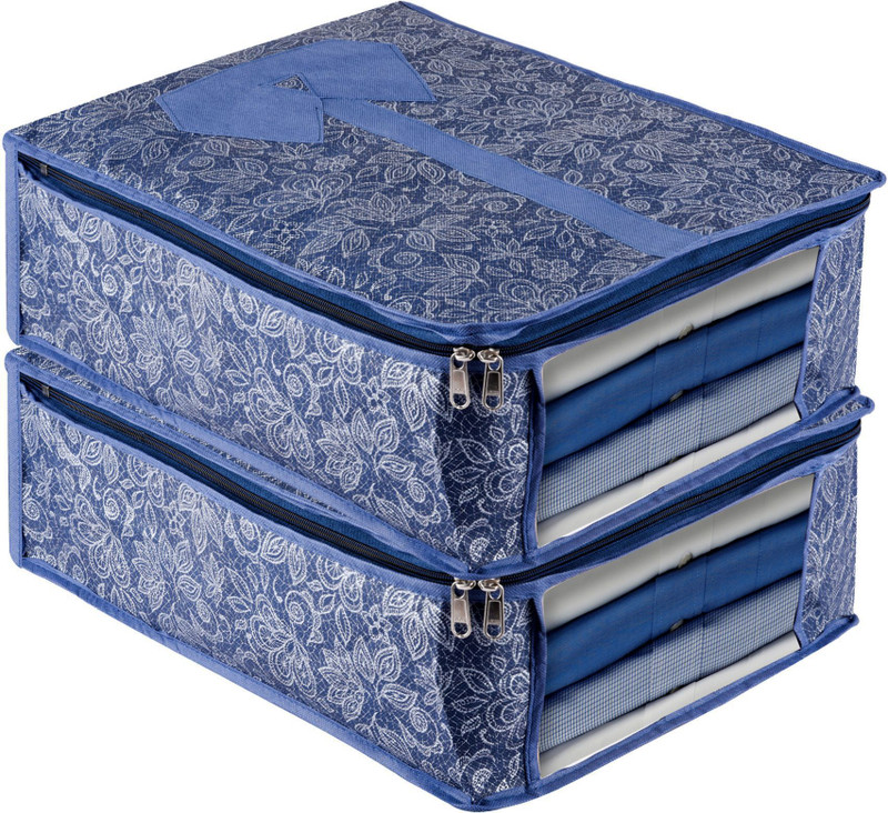 KUBER INDUSTRIES Garment Cover Flower Printed Shirt Storage Bag with Visible Window|Pack of 2| Clothes Storage Bag(Navy Blue)