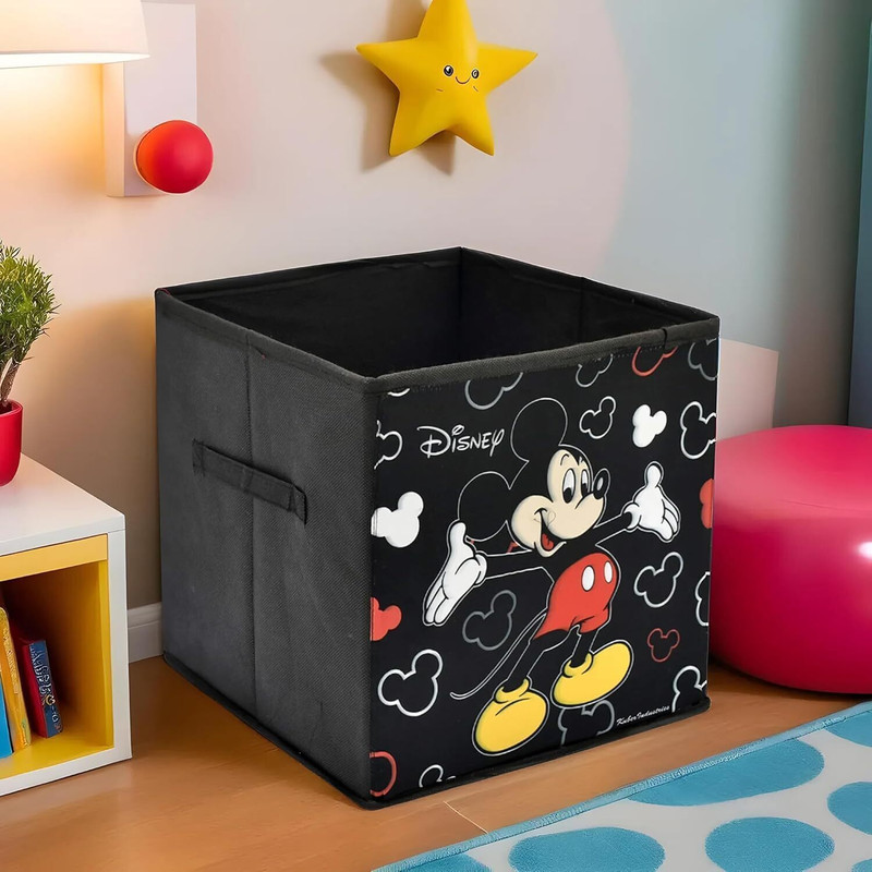 KUBER INDUSTRIES Designer Disney Mickey Mouse Print Non Woven Fabric Foldable Large Size Cloth Storage Box Toy,Books Wardrobe Organiser Cube With Handle (Black) KUBMART02314(Black)