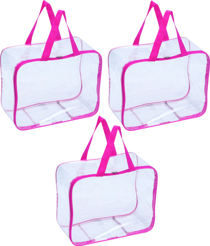 CLASSECRAFTS Transparent Storage Bag For Multipurpose Transparent PVC Storage Box with Zipper & Handle Clothes Organizer Set of 3 Blanket Saree Cover(Pink)