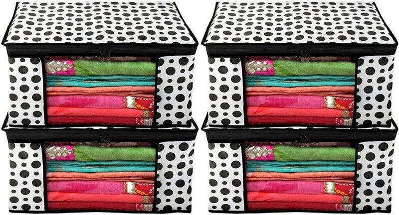 SAANVYA BAGS SET OF 4PC NON WOVEN BLACK DOTTED PRINT SAREE COVER(Black, White)