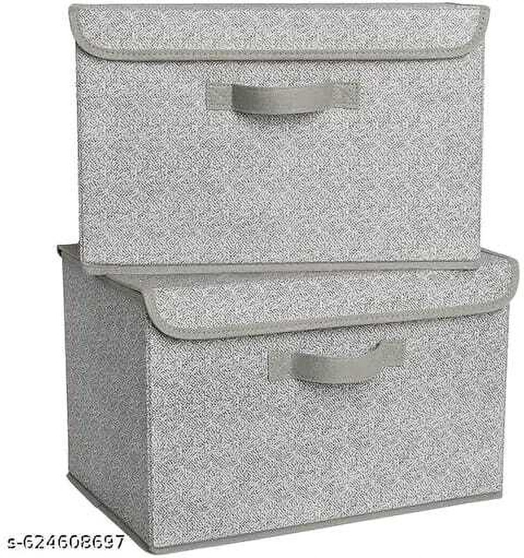 WOLFFIA Foldable Cloth Storage Boxes Set of 2 | Multipurpose Wardrobe Organizer with Lid & Handle | Large Stackable Storage Basket(Grey)