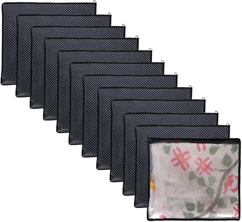 Lonaxa Saree Covers 12 Set With Transparent Top Saree Cover 12 Set -Single-Transparent-Dot-Design-Black-Set-Of-12 (Black)(Black)