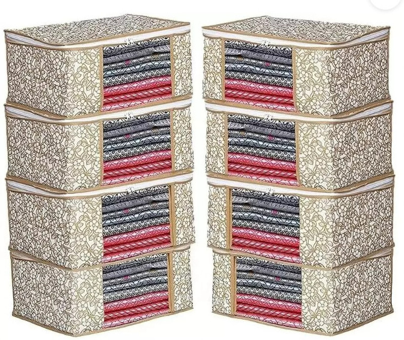 BB BACKBENCHERS Pack Of 8 Saree Cover Storage Bag, Heavy Quality Saree Covers With Zipper Cloth Safety Bag for Sarees,Lahanga,Cloths,Suits,Pants Shirt Cloth Organizer Wardrobe Organizer Clothes cover/Cloth Cover ,Garment Cover(Beige)