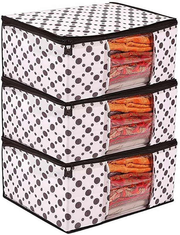 SAANVYA BAGS SET OF 3PC NON WOVEN BLACK DOTTED PRINT SAREE COVER(Black, White)