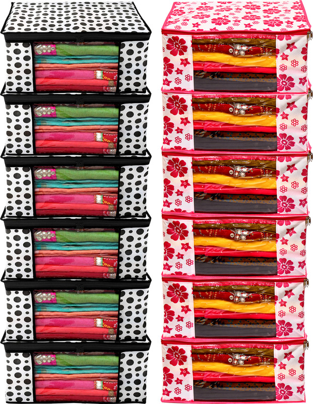 Ankit International Saree Cover High-Quality Trendy Storage Bag For Wardrobe Organizer Big in size Floral and Dot Printed Pack of 12(Pink, White, Black)