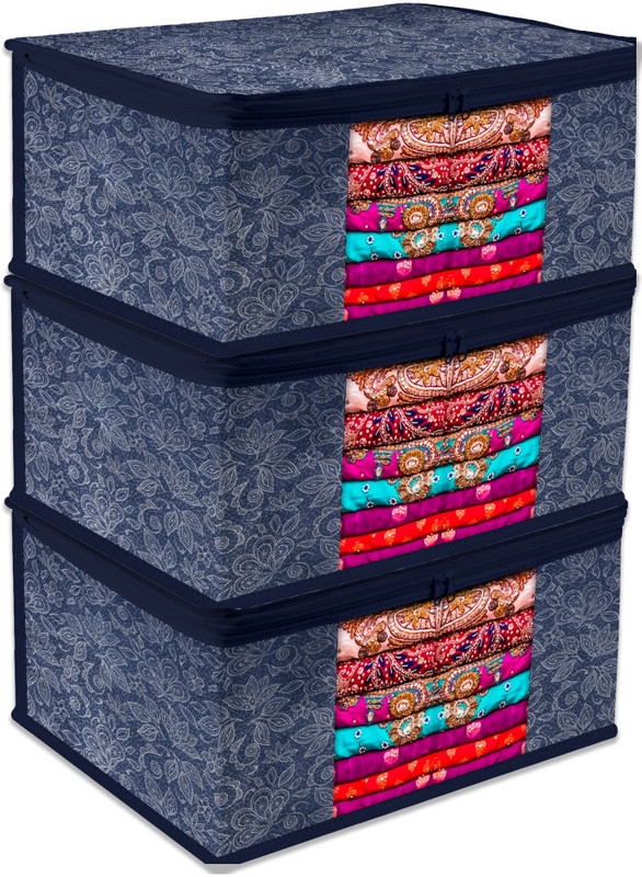 KUBER INDUSTRIES Garment Cover Flower Printed Saree Storage Bag with Visible Window|9 Inch|Pack of 3| Clothes Storage Bag(Navy Blue)