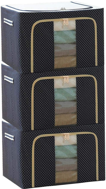 NESTIFY Storage Box For Clothes PACK OF 3 Wardrobe Clothes Organizer 66 Liter Foldable Steel Frame Clothes Organizer Cloth Storage Box Organizer Box With Zipper,Clear Window and Handle Saree Cover Bag Clothes Storage Organizer(Blue)