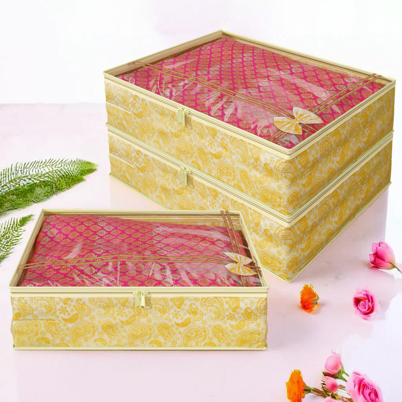 KUBER INDUSTRIES Designer Non Woven Bow Saree Cover/ Lahenga Cover Set Of 3 Pcs (6 Inches Height) KUBS52(Yellow)