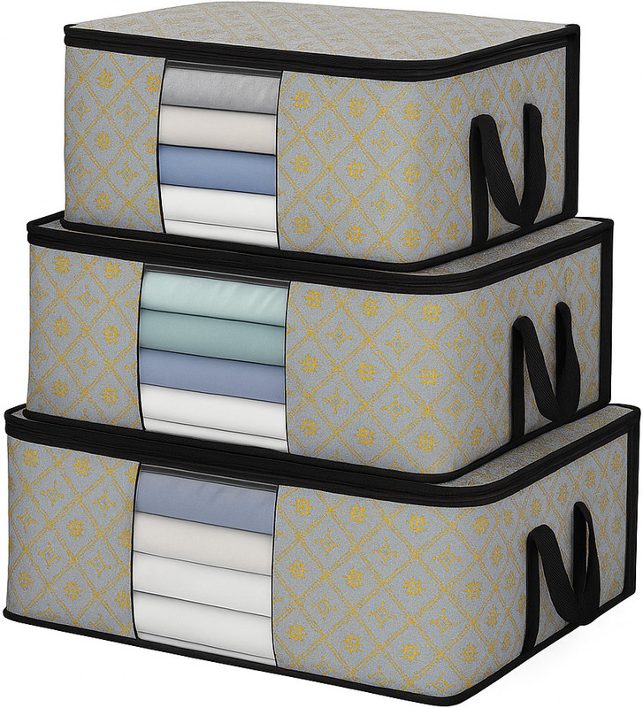 wini krafts Luxury Foldable Clothes Storage Organizer Boxes with Clear Window, Grey and Gold Pattern, Set of 3, Large Capacity Underbed Storage Containers for Blankets, Bedding, Seasonal Items Pack Of 3(Grey)