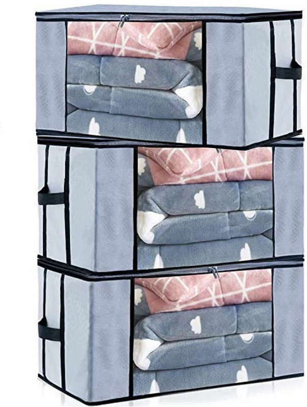 IMCREATIONS Non Woven Multipurpose Foldable Underbed Storage Bag Wardrobe Organizer Blanket Storage Bag for Comforter Blanket Cover Saree, Lehenga, Clothing, Bedding with a Large Transparent Window and Zip Closer | 3 Pieces(Grey)