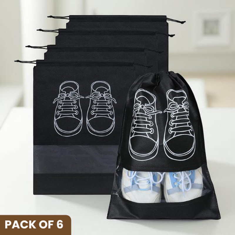 PelBart SB6PCS06 6 Pcs Shoe Bag for Travel Use | Lightweight Storage Pouch for Footwear Packing 6 Pcs Shoe Bag for Travel Use | Lightweight Storage Pouch for Footwear Packing(Black)