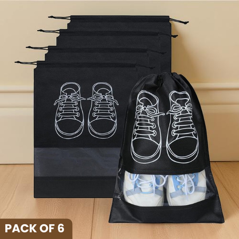 PelBart SB6PCS27 6 Pcs Shoe Bag for Men and Women | Protective Footwear Storage Cover for Trips 6 Pcs Shoe Bag for Men and Women | Protective Footwear Storage Cover for Trips(Black)