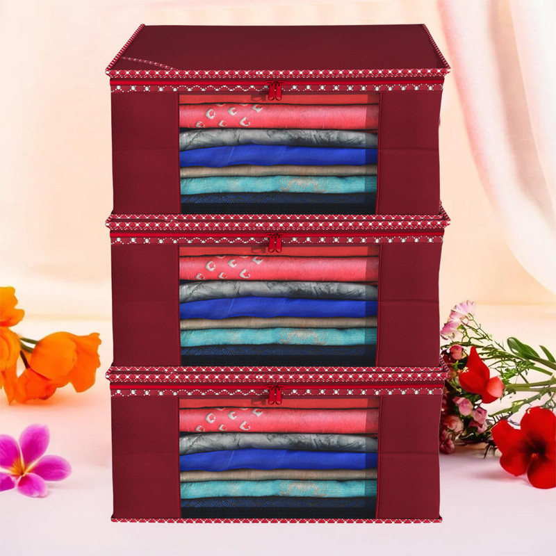 KUBER INDUSTRIES Saree Cover 3 Pieces Non Woven Fabric Saree Cover/Clothes Organiser for Wardrobe Set with Transparent Window, Extra Large (Maroon)-KUBMART2758 KUBMART02758(Maroon)
