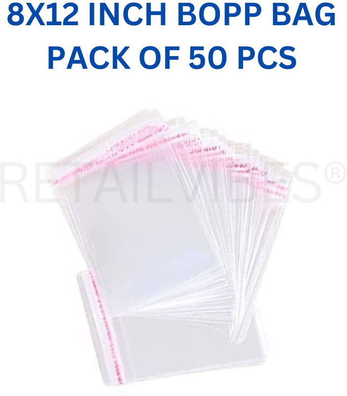 Retailvibes 8x12 Inch | 20x30 Cm 50 Pcs Self Adhesive Bopp Bag Transparent Garment Packing Bag | Jewelry Cosmetics Accessories Pouch(Transparent)
