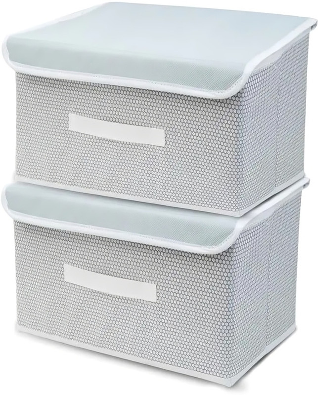 AtNoor Foldable Fabric Storage Box with Lid & Handle Clothes Organizer for Wardrobe Multipurpose Storage Bin, Pack of 2(Grey)