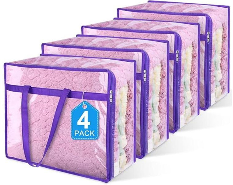 Shifa Hiyma PVC Extra Large Transparent Storage Bags with Zippered Closer and Strong Handles for Easy Carrying for Bedding, Blankets, Comforters, Duvets Clothes, Toys Organizers Set of 4(Transparent, Purple)