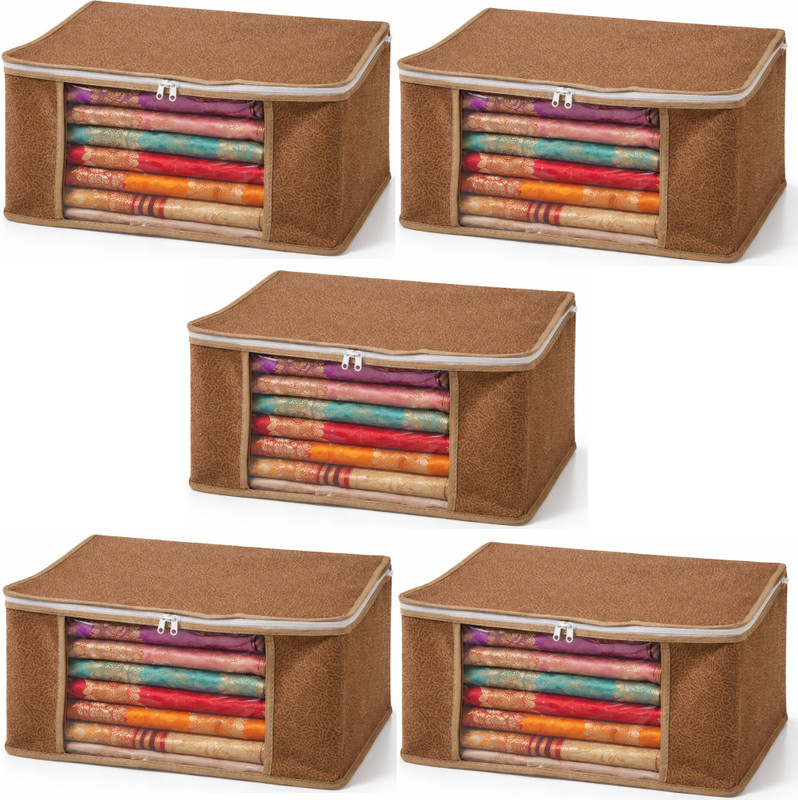 RRK Cloth Organizer Series Foldable, Transparent, Easy Wash, Wardrobe Storage 5 Pcs Large Cloth Organizer with Handle Foldable, Transparent Window, Easy Wash Brownie cover (brown) 5 Pcs(Brown)