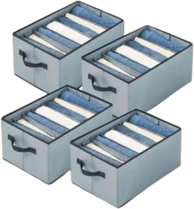 SID CRAFT Multipurpose Foldable Compartment Storage Box with Multiple Sections for Wardrobe Organization | Non-Woven Fabric Organizer for Clothes, Jeans, Pants, Sweaters, Innerwear, Socks & Accessories Set of 4(Grey)