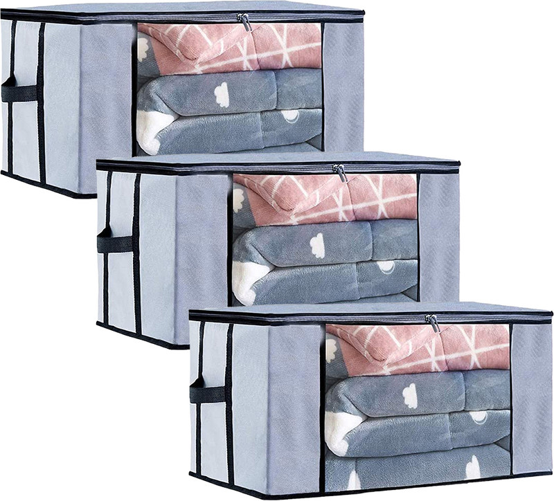Wonstiar Underbed Storage Bag for Blankets, Quilts & Clothes | Large Size 120 GSM Non-Woven Fabric Clothes Organizer with Clear PVC Window, Strong Zipper & Side Handle | Set of 4(Grey)