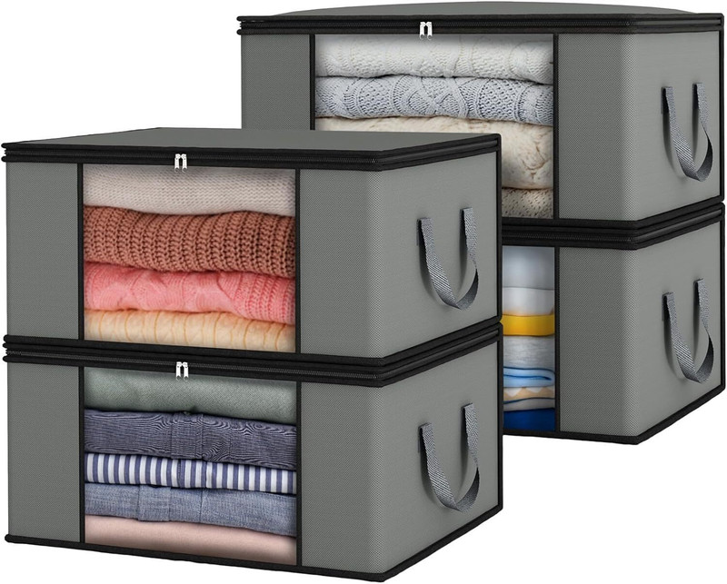 infinity craft Dustproof Foldable Underbed Blanket Storage Bag Wardrobe Organizer for Clothing Bedroom Comforter Closet Dorm Sweater Quilts Organizer Durable Zipper with Side Handle & Transparent Window Blanket Cover (Pack of 4)(Grey)