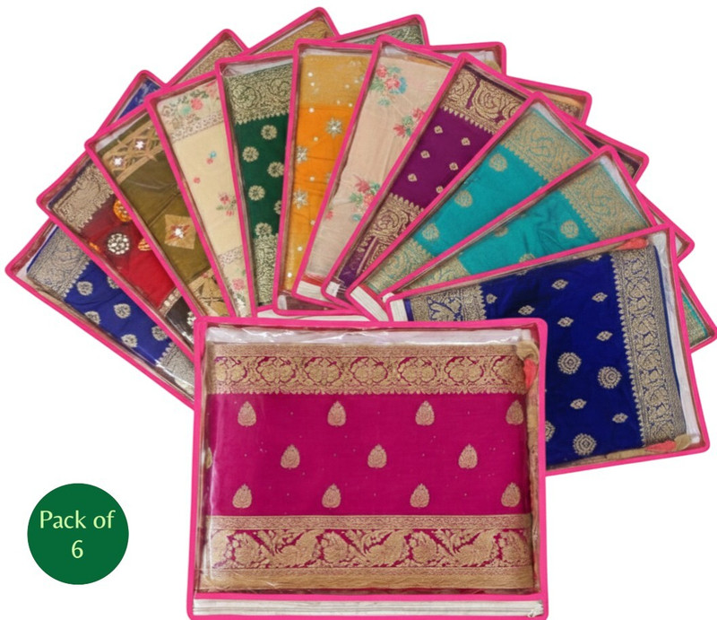 CIVONA Saree Covers (PACK OF 6) Transparent Saree Storage Bags with Zip Clothes Organizer for Wardrobe(Pink)