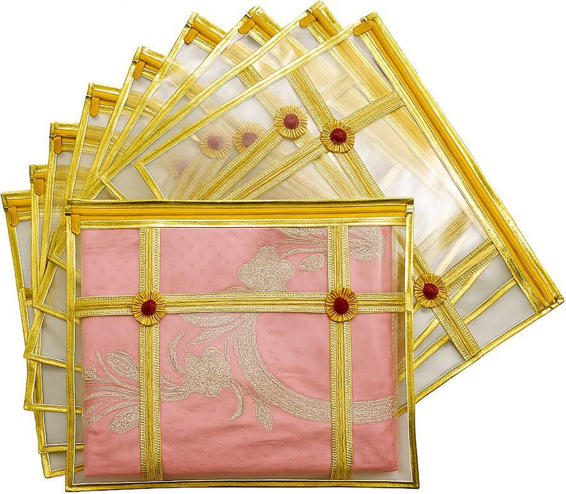 FLYLYF Single Saree cover Set of 10 Cloth storage box Premium Quality Sadi Packing Travel kit for wedding Gifting Transparent Saree Cover storage bags Sari Pouch for Suit packing bag(Golden Saree keeping bags Dress packing cover Clothes organizer for wardrobe)