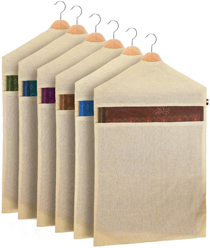 blendmix Storage Bag Saree Cover Reusable Hanging Cotton Saree Covers (Set of 6) of 28 x 18 (Inches) for Coat Clothes Storage, Wardrobe Organizer (Hangers are NOT Included)(Beige)