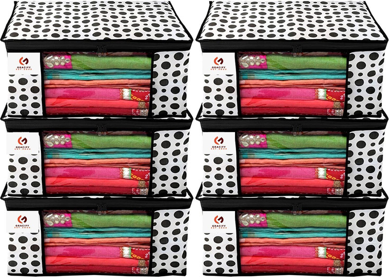 gracify Polka Dots Design 6 Piece Non Woven Fabric Saree Cover BD-P6-SC(Black & white)