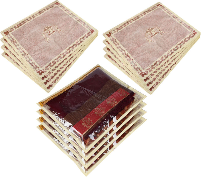 Pankhuri Pack of 12 Transparent Saree Cover Bags Zip Closure, Wardrobe Storage Use, Travel Storage Use(Brown-Beige)