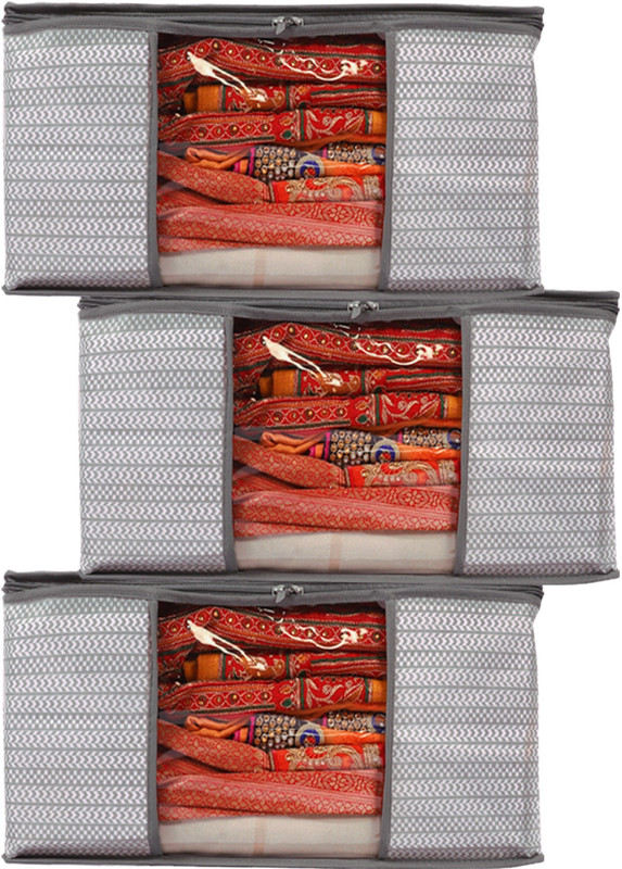 Gokru Cloth Cover Non Woven Grey Saree Cover/Cloth Cover/Storage Bag/Grment Cover (Pack 3) Organiser Cover/Transparent Window And Zip(Grey)
