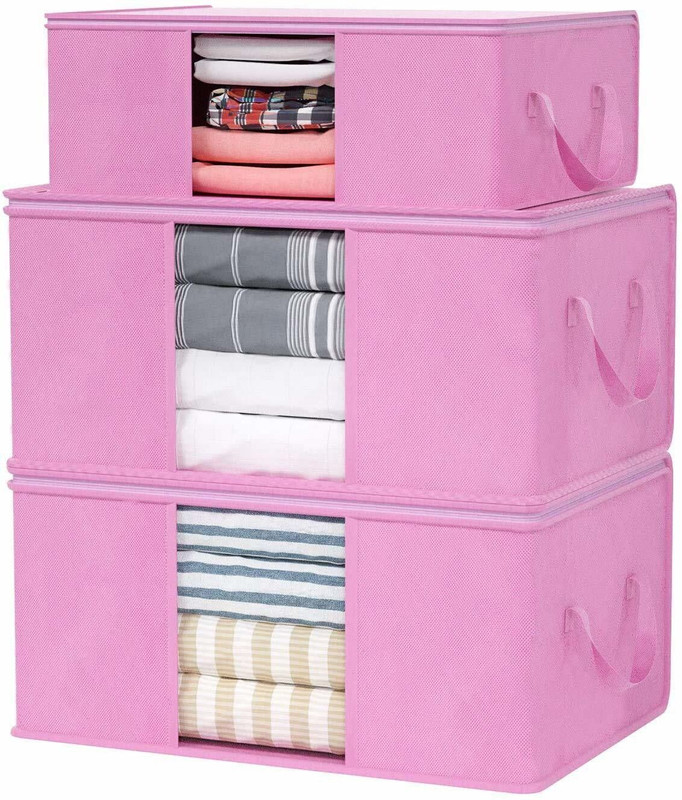 wini krafts Blanket organizer for under storage with side handles Wardrobe Clothes covers , Cloth s Closet Organizer and Foldable Clothing Bag for Clothes, Comforter, Underbed Storage (Pink) 3(Pink)